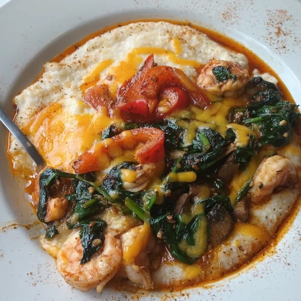 Anchor Allie's shrimp and grits dish with spinach, tomatoes, and cheese in a white bowl.